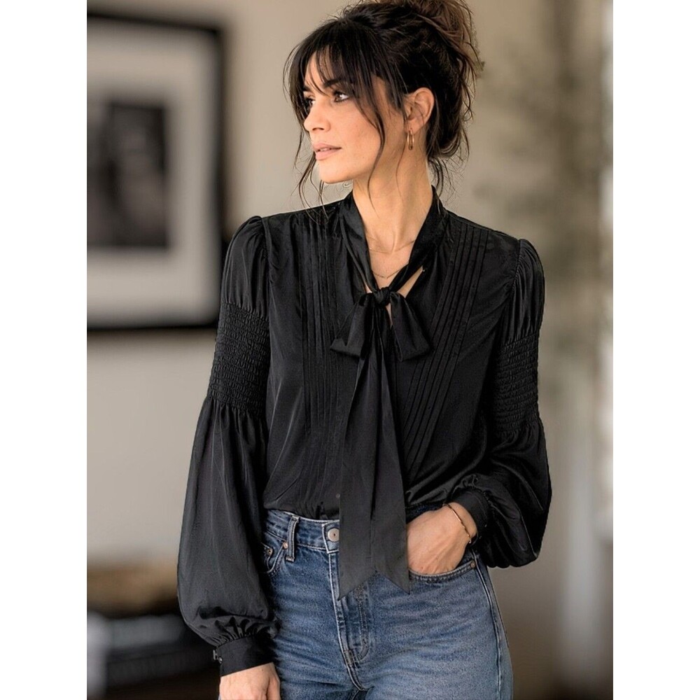 Vintage Black Secretary Bow Blouse | Romantic Pintucks | Smocked Balloon Sleeves